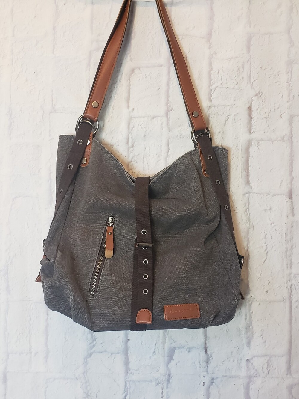 SHANGRI-LA Gray Canvas Convertible Tote Backpack Messenger Bag